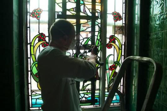 Working on the stained glass windows