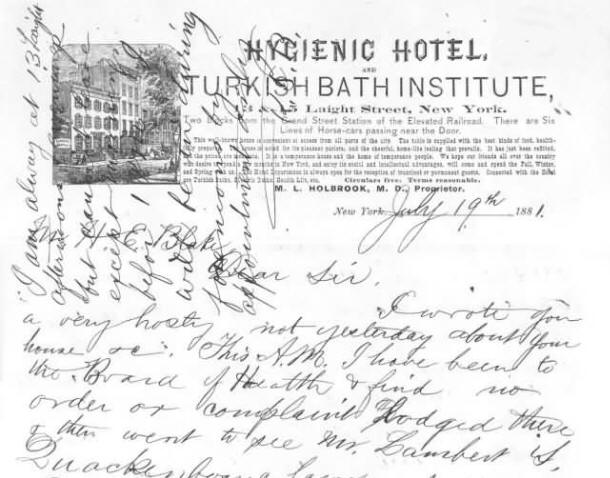Letterhead showing the Hygienic Hotel and Turkish Bath Institute, c.1880