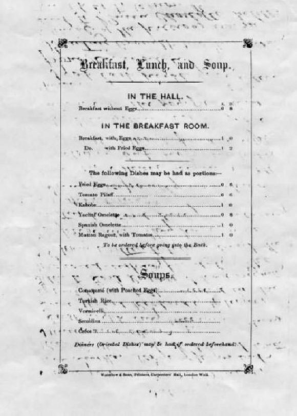 Breakfast menu at the Jermyn Street Hammam,  1 Nov 1862