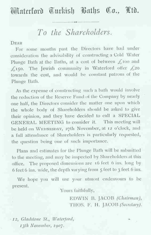 Letter to shareholders of the Waterford Turkish Bath(s)